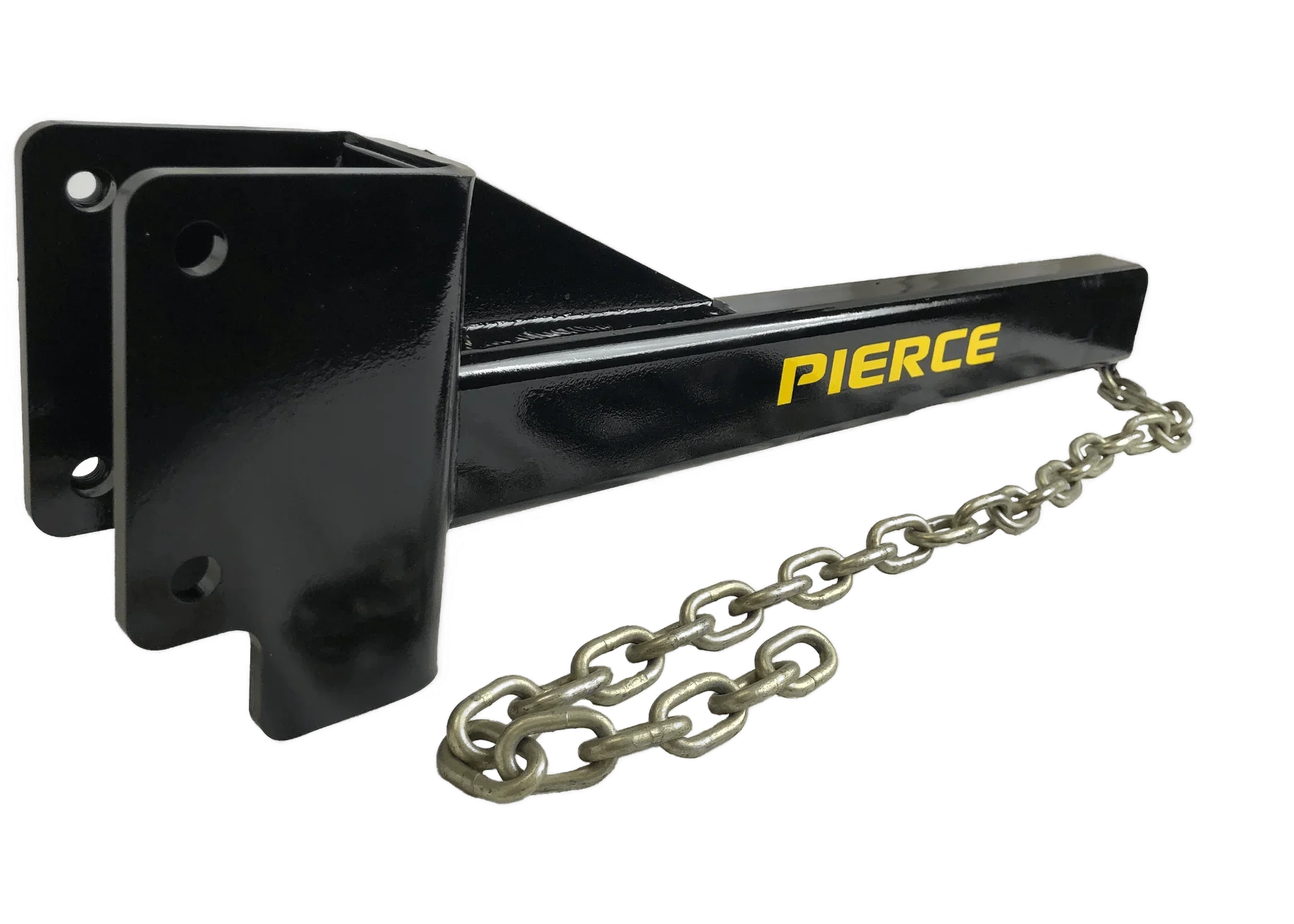 The PIERCE T-Post Puller Attachment is a black metal tow bar featuring the yellow PIERCE logo, an attached metal chain, and a built-in T-Post puller, shown on a white background.