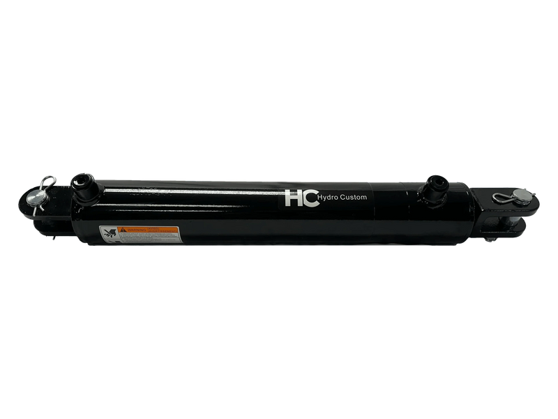 PIERCE Welded Cylinder with 3" bore and 16" stroke, shown on a white background, rated for 3000 psi with metal fittings at both ends—ideal for hydraulic bale spikes.