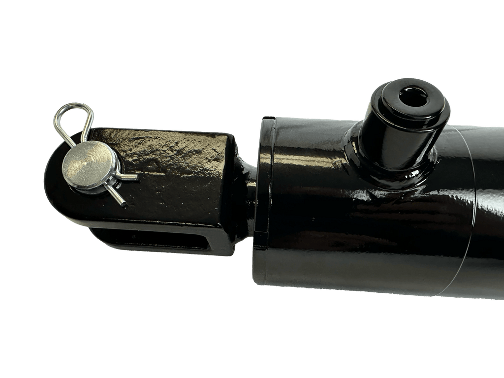 Close-up of a PIERCE Welded Cylinder with 3 inch bore diameter and 16 inch stroke, featuring a pin and clip, shown on a white background. Rated for 3000 psi.