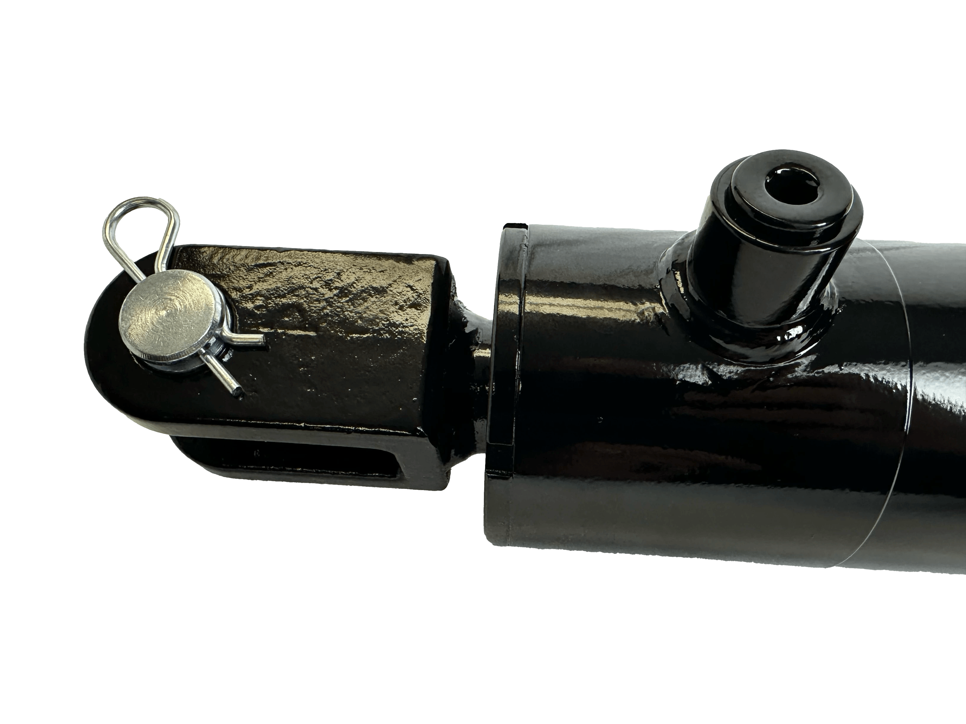 Close-up of a PIERCE Welded Cylinder with 3 inch bore diameter and 16 inch stroke, featuring a pin and clip, shown on a white background. Rated for 3000 psi.