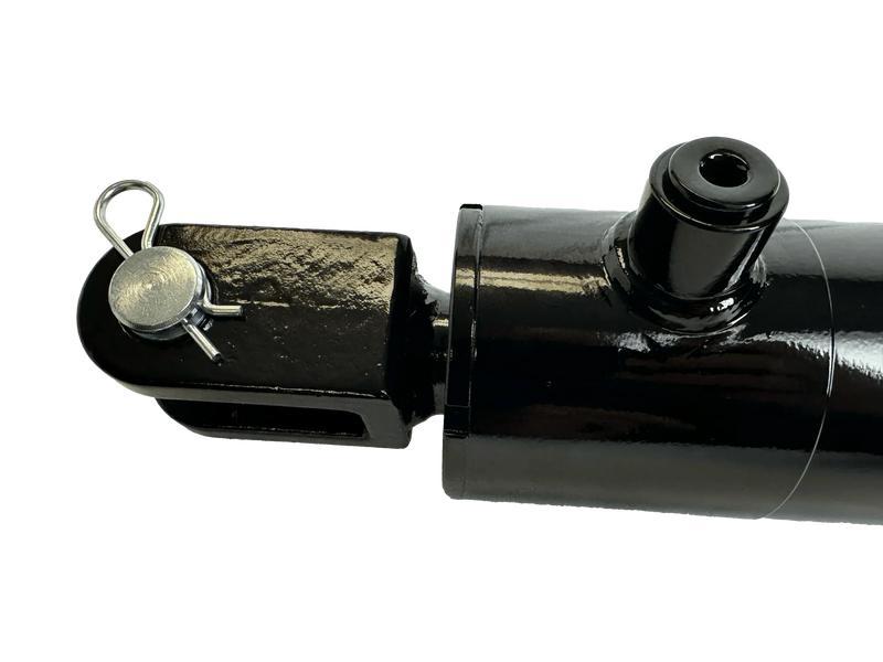 Close-up of a PIERCE Welded Cylinder with 3 inch bore diameter and 16 inch stroke, featuring a pin and clip, shown on a white background. Rated for 3000 psi.