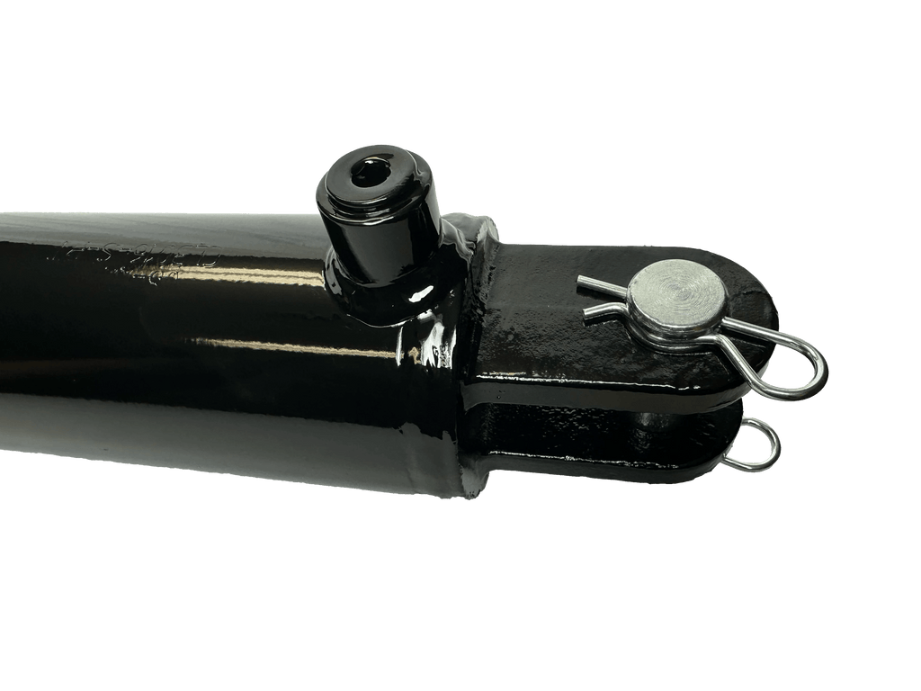 Close-up of the PIERCE Welded Cylinder (3" bore, 16" stroke) in black, rated for 3000 psi, with a mounting pin secured by a metal clip—ideal for hydraulic bale spikes.