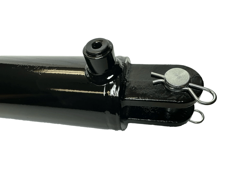 Close-up of the PIERCE Welded Cylinder (3" bore, 16" stroke) in black, rated for 3000 psi, with a mounting pin secured by a metal clip—ideal for hydraulic bale spikes.