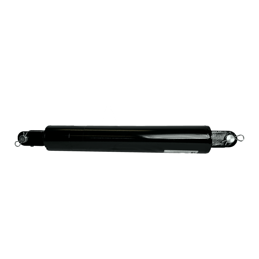 The PIERCE Welded Cylinder (3" bore, 16" stroke) in black features mounting loops on both ends and a 3000 psi rating, making it ideal for hydraulic bale spikes; shown on a plain white background.