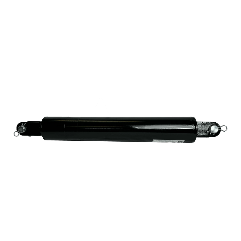 The PIERCE Welded Cylinder (3" bore, 16" stroke) in black features mounting loops on both ends and a 3000 psi rating, making it ideal for hydraulic bale spikes; shown on a plain white background.