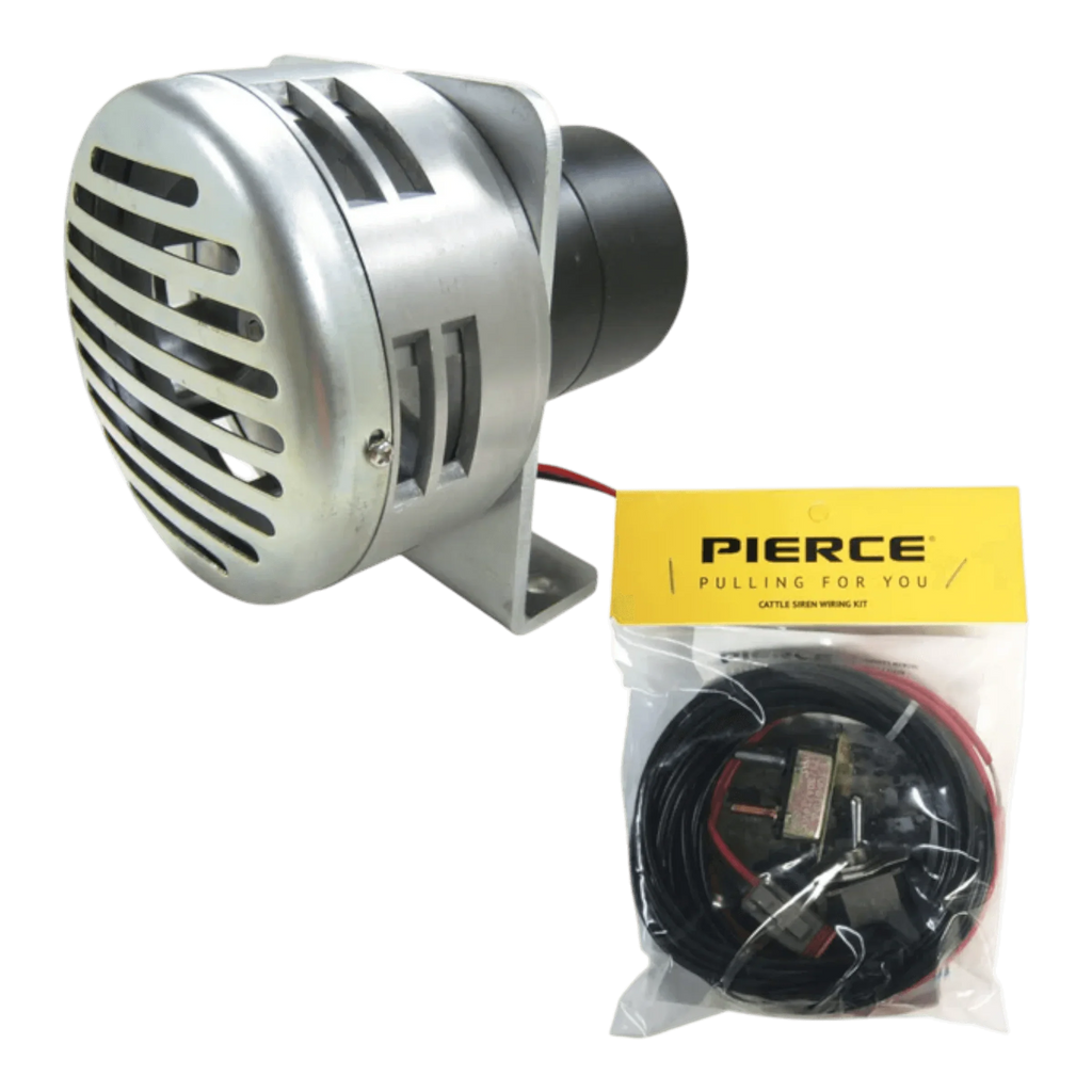 PIERCE Heavy Duty Cattle Siren with mounting bracket shown beside a bagged Pierce siren wiring kit on a white background—reliable ranch equipment for consistent performance.