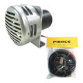 PIERCE Heavy Duty Cattle Siren with mounting bracket shown beside a bagged Pierce siren wiring kit on a white background—reliable ranch equipment for consistent performance.