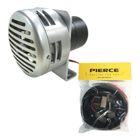 PIERCE Heavy Duty Cattle Siren with mounting bracket shown beside a bagged Pierce siren wiring kit on a white background—reliable ranch equipment for consistent performance.