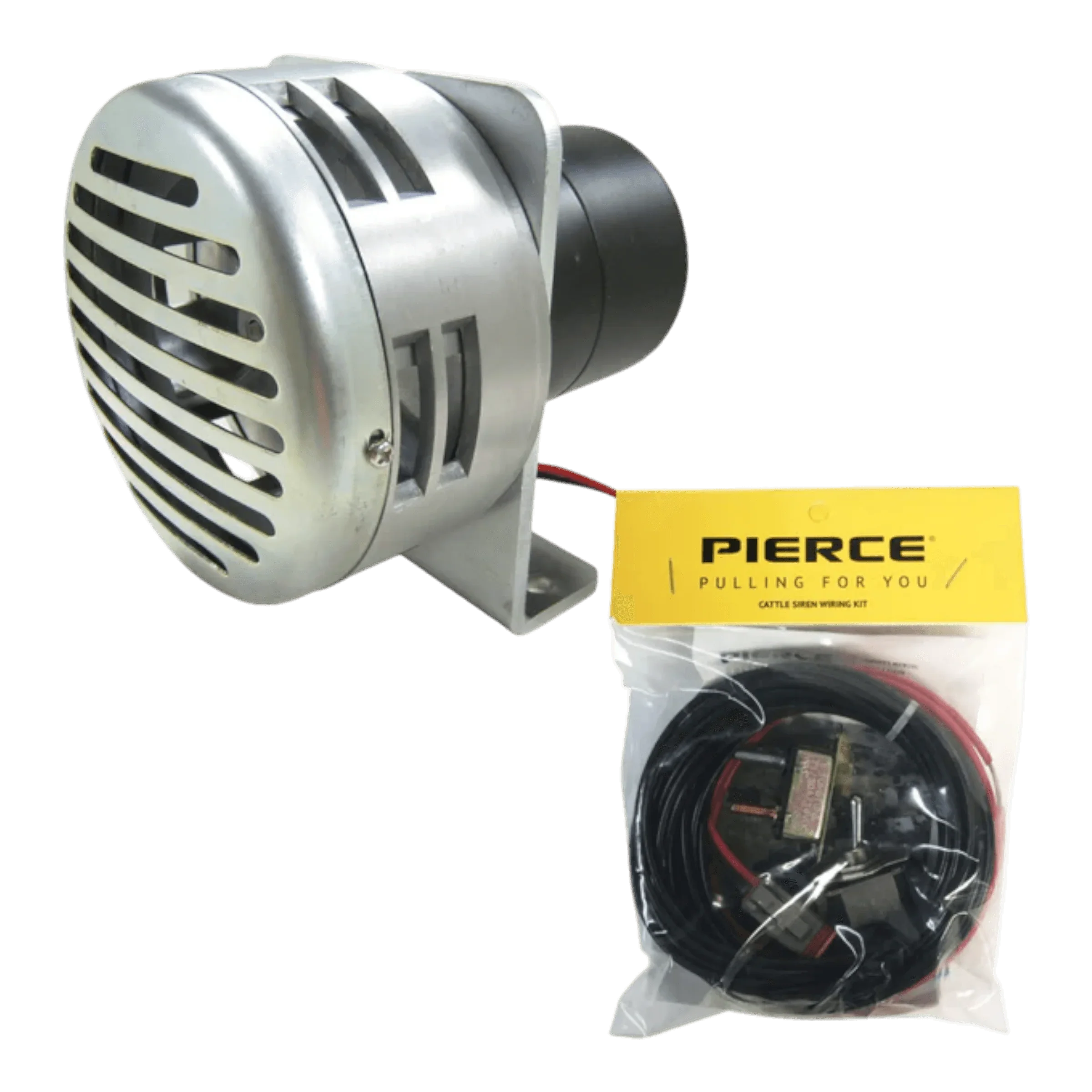 PIERCE Heavy Duty Cattle Siren with mounting bracket shown beside a bagged Pierce siren wiring kit on a white background—reliable ranch equipment for consistent performance.