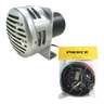 PIERCE Heavy Duty Cattle Siren with mounting bracket shown beside a bagged Pierce siren wiring kit on a white background—reliable ranch equipment for consistent performance.