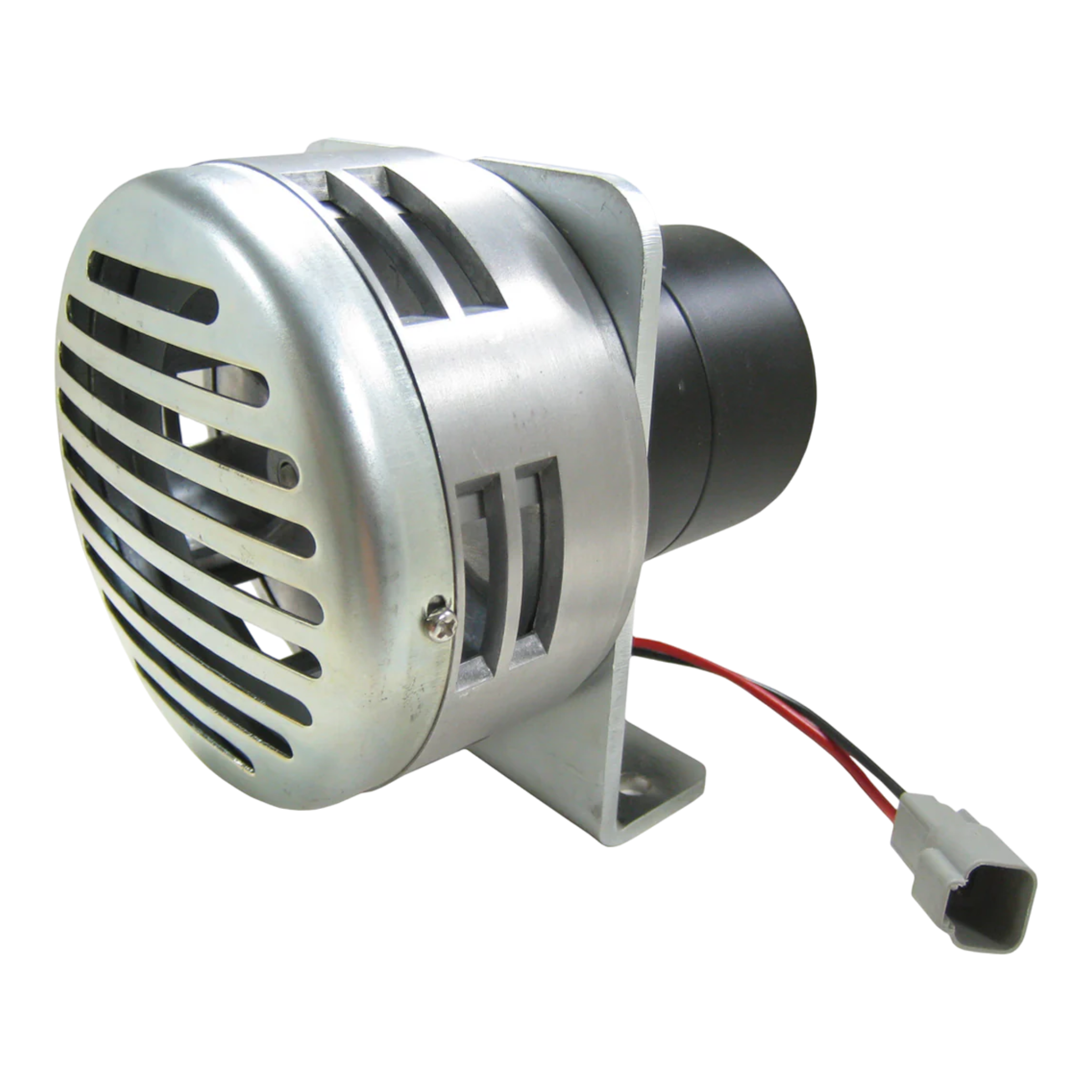 The PIERCE Heavy Duty Cattle Siren features a metallic build, protective grill, reinforced mounting bracket, and attached wires with connector—ideal for demanding livestock environments.