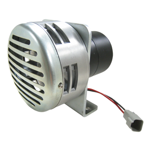 The PIERCE Heavy Duty Cattle Siren features a metallic build, protective grill, reinforced mounting bracket, and attached wires with connector—ideal for demanding livestock environments.