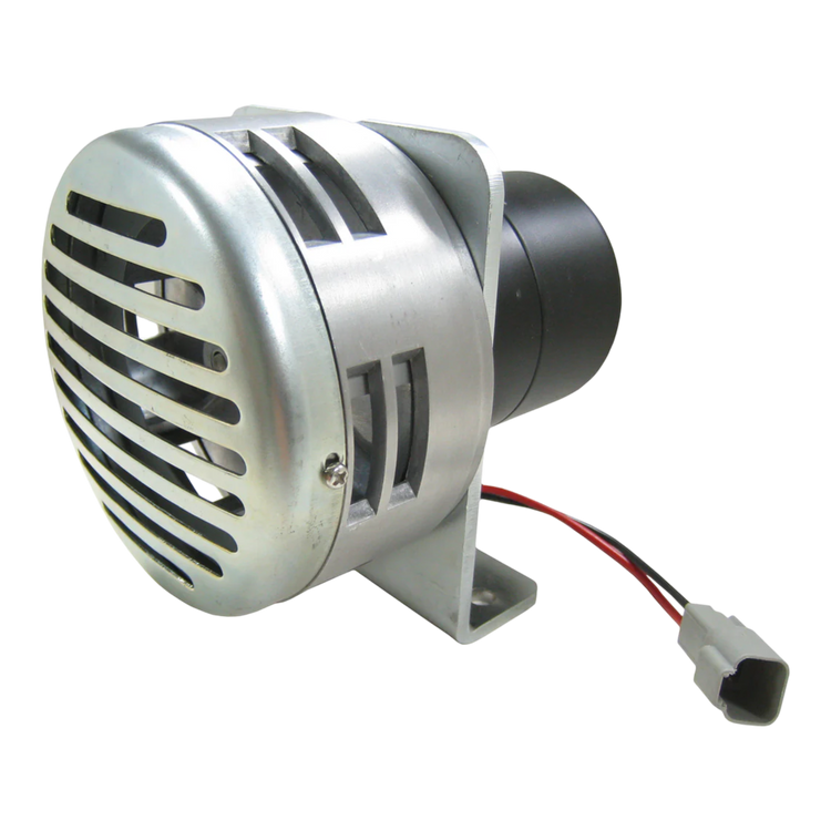 The PIERCE Heavy Duty Cattle Siren features a metallic build, protective grill, reinforced mounting bracket, and attached wires with connector—ideal for demanding livestock environments.