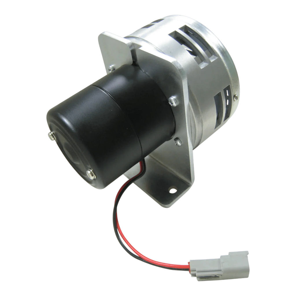The PIERCE Heavy Duty Cattle Siren features a small electric motor with a metal mounting bracket, black housing, and red/black wires ending in a connector—perfect for ranch equipment or cattle siren systems.