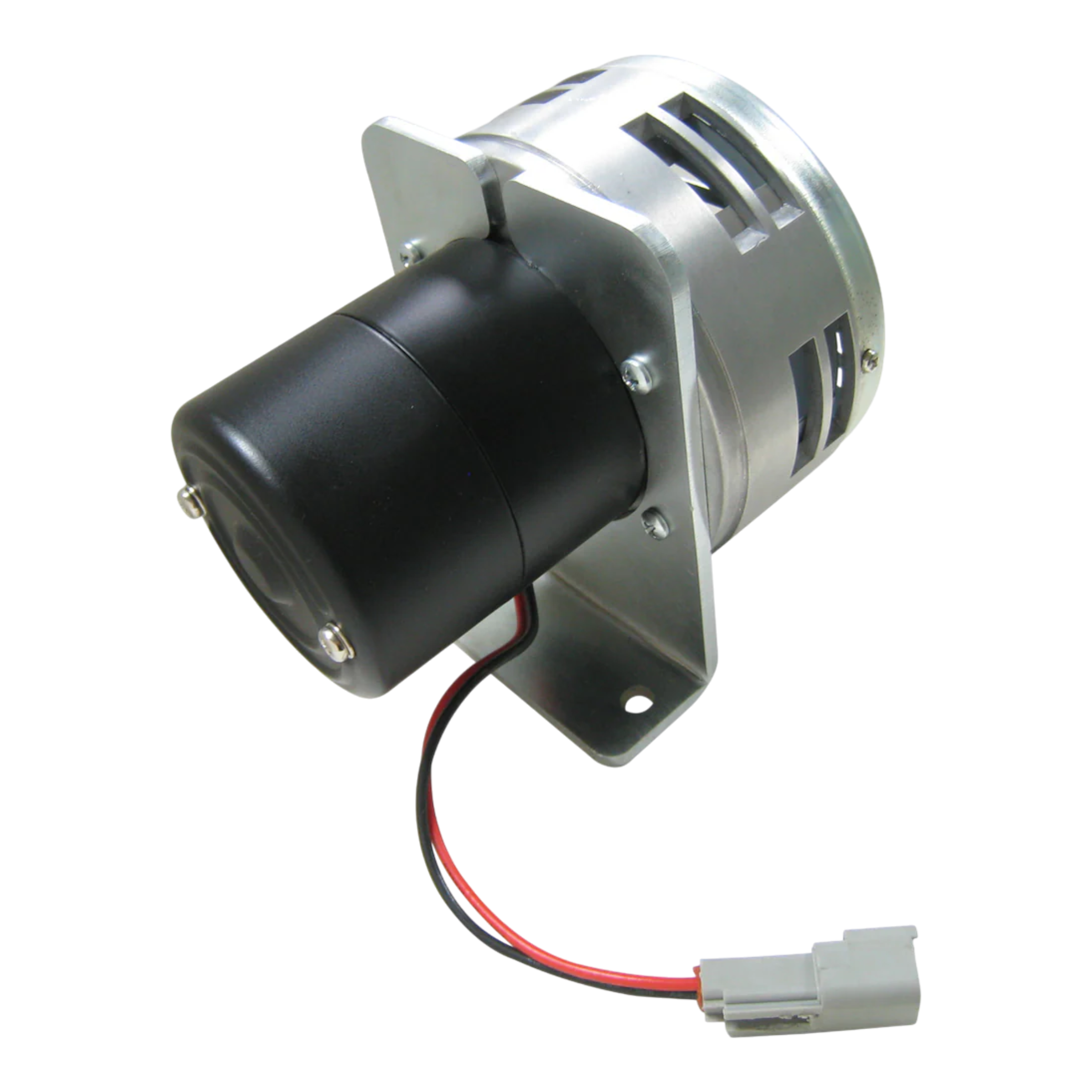 The PIERCE Heavy Duty Cattle Siren features a silver and black electric motor with wiring and a reinforced mounting bracket, designed for demanding cattle siren applications. Isolated on a white background.