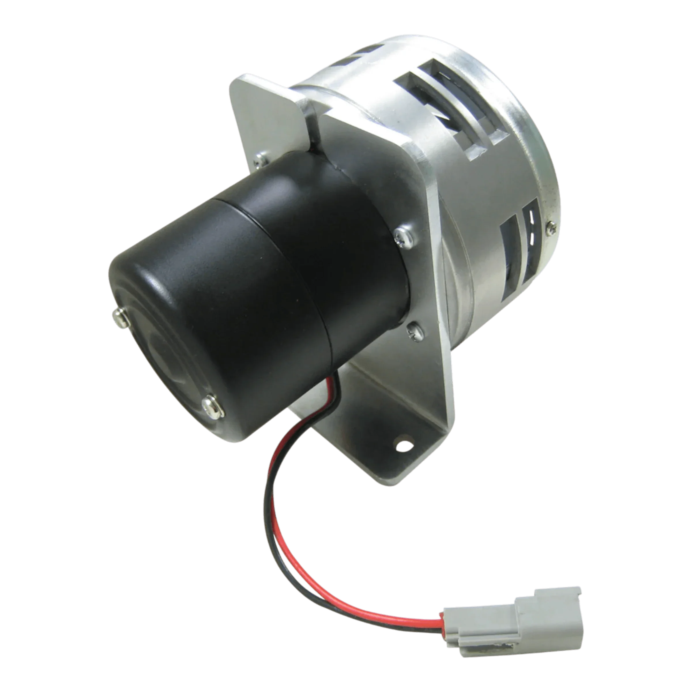 The PIERCE Heavy Duty Cattle Siren features a small electric motor with a metal mounting bracket, black housing, and red/black wires ending in a connector—perfect for ranch equipment or cattle siren systems.