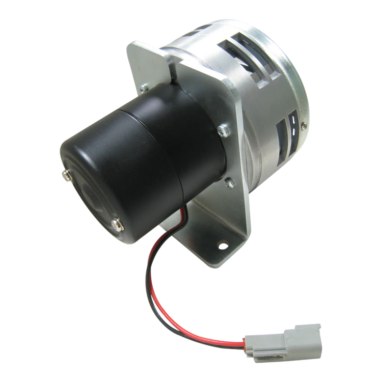 The PIERCE Heavy Duty Cattle Siren features a silver and black electric motor with wiring and a reinforced mounting bracket, designed for demanding cattle siren applications. Isolated on a white background.