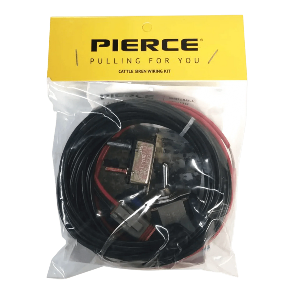 The PIERCE Heavy Duty Cattle Siren wiring kit includes wires and components in a clear bag with a yellow label, ideal for ranch equipment.