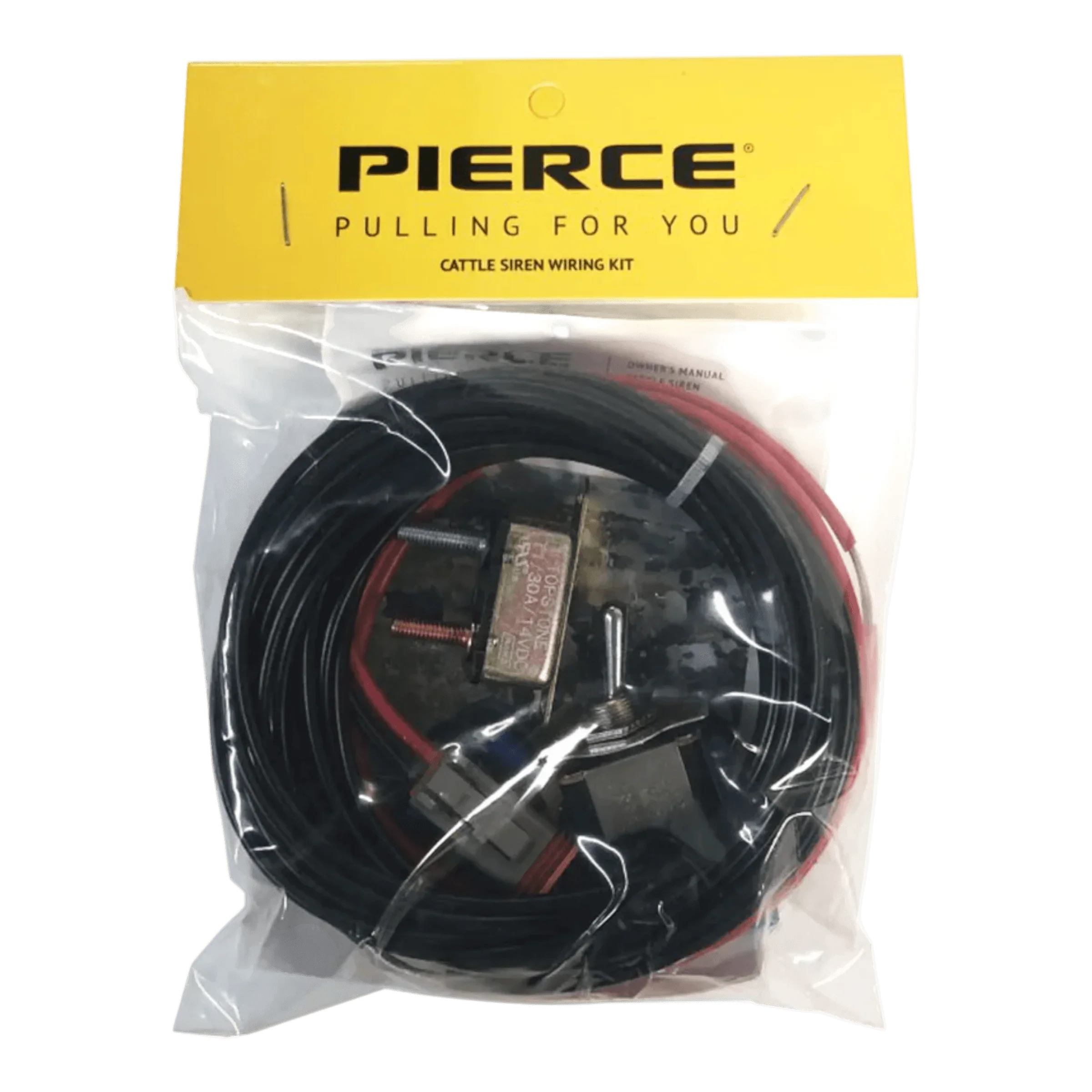 The PIERCE Heavy Duty Cattle Siren wiring kit includes wires and components in a clear bag with a yellow label, ideal for ranch equipment.