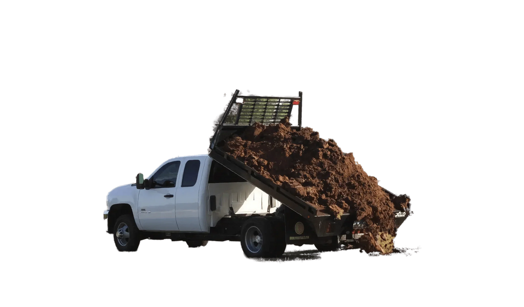 A PIERCE Medium Duty Flat Bed Dump Kit installed on a white dump truck unloads a large pile of dirt onto the ground, isolated on a white background.
