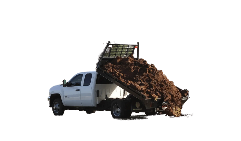 A PIERCE Medium Duty Flat Bed Dump Kit installed on a white dump truck unloads a large pile of dirt onto the ground, isolated on a white background.