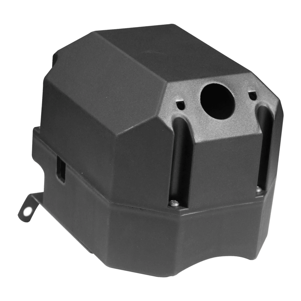Black, angular plastic Housing for Solenoid with a circular opening and bracket—perfect replacement part for PIERCE electric planetary winches. Shown against a white background.