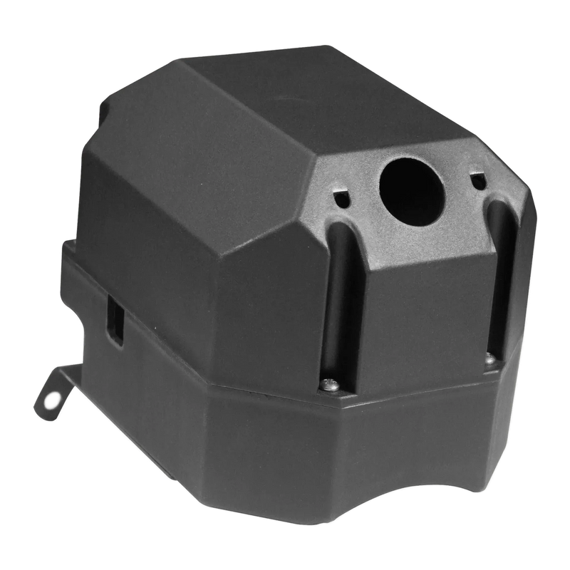 Black, angular plastic Housing for Solenoid with a circular opening and bracket—perfect replacement part for PIERCE electric planetary winches. Shown against a white background.