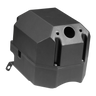 Black, angular plastic Housing for Solenoid with a circular opening and bracket—perfect replacement part for PIERCE electric planetary winches. Shown against a white background.