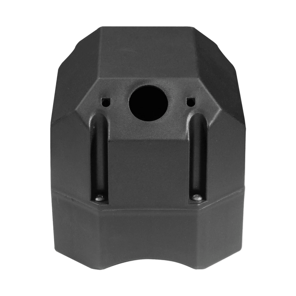 Black, angular plastic Housing for Solenoid with a central circular hole and two vertical slots by PIERCE, designed as a replacement part for PIERCE Electric Planetary Winches.