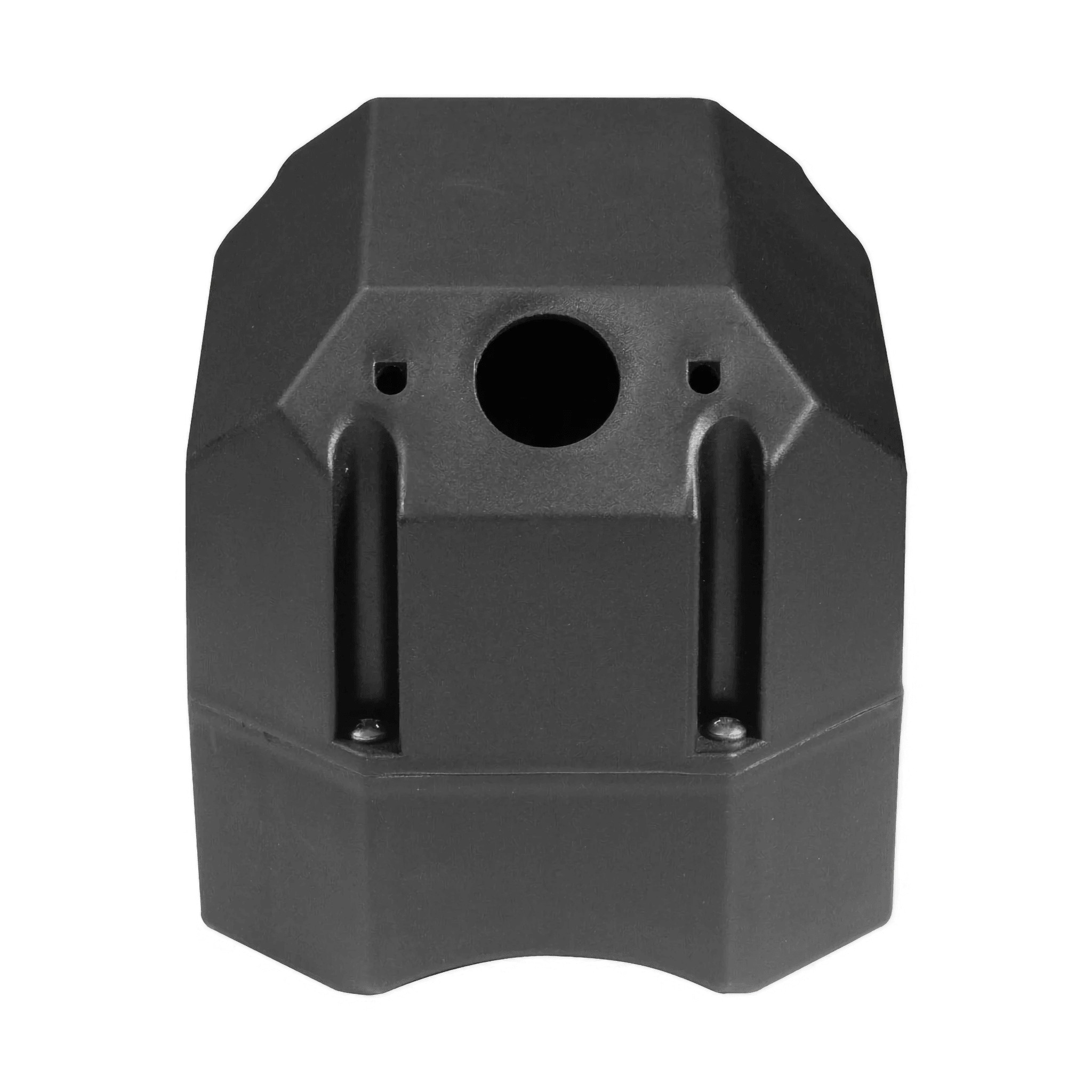 Black, angular plastic Housing for Solenoid with a central circular hole and two vertical slots by PIERCE, designed as a replacement part for PIERCE Electric Planetary Winches.