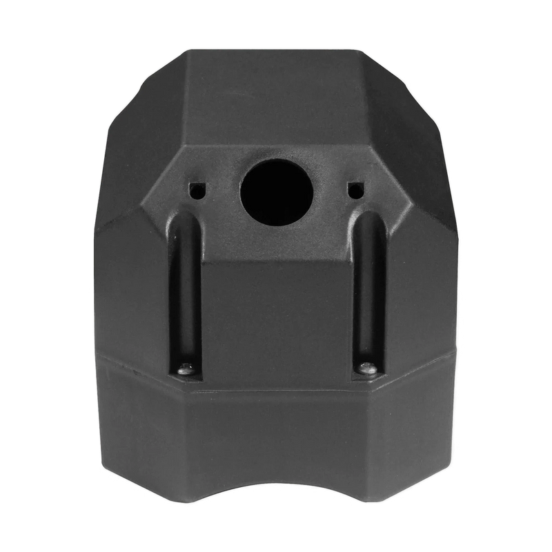 Black, angular plastic Housing for Solenoid with a central circular hole and two vertical slots by PIERCE, designed as a replacement part for PIERCE Electric Planetary Winches.