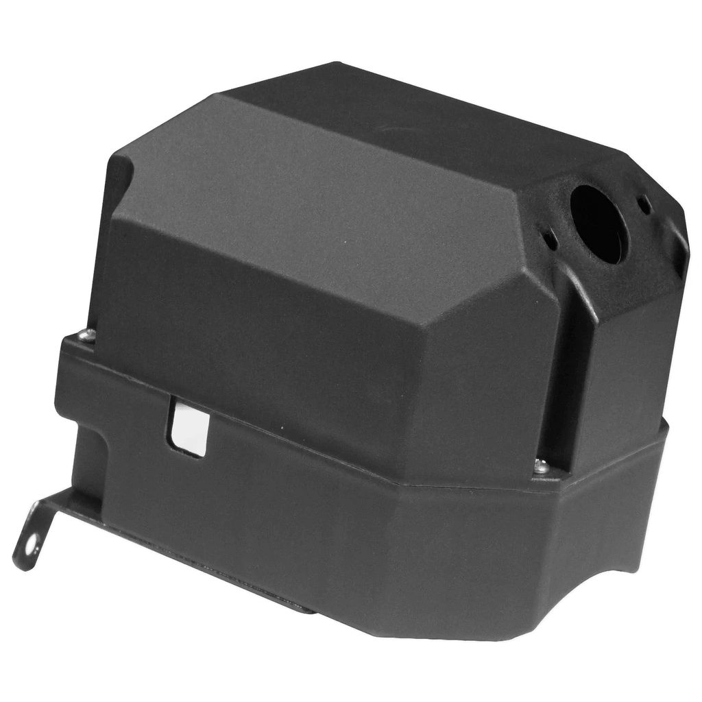 The PIERCE Housing for Solenoid is a black, rectangular cover with a hole and mounting bracket, designed as a replacement part for PIERCE electric planetary winches. Shown on a white background.