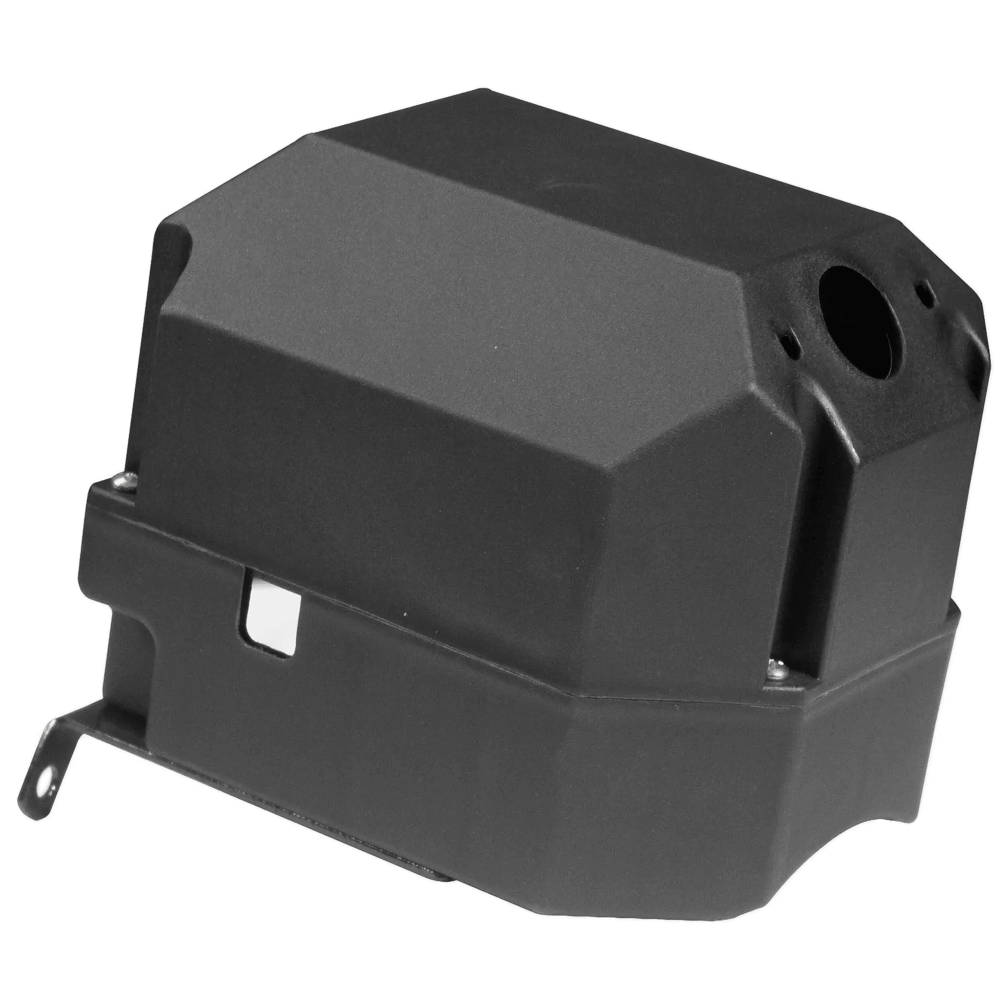 The PIERCE Housing for Solenoid is a black, rectangular cover with a hole and mounting bracket, designed as a replacement part for PIERCE electric planetary winches. Shown on a white background.