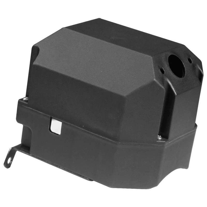 The PIERCE Housing for Solenoid is a black, rectangular cover with a hole and mounting bracket, designed as a replacement part for PIERCE electric planetary winches. Shown on a white background.