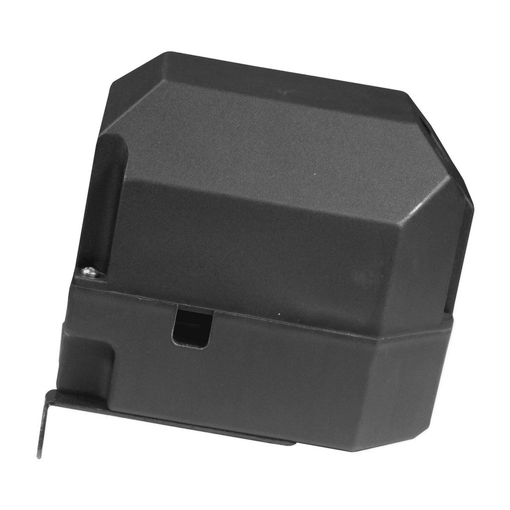 Black rectangular plastic housing for solenoid with an angled top and small base tab; fits PIERCE Electric Planetary Winches as a replacement part.