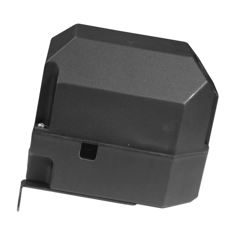 Black rectangular plastic housing for solenoid with an angled top and small base tab; fits PIERCE Electric Planetary Winches as a replacement part.