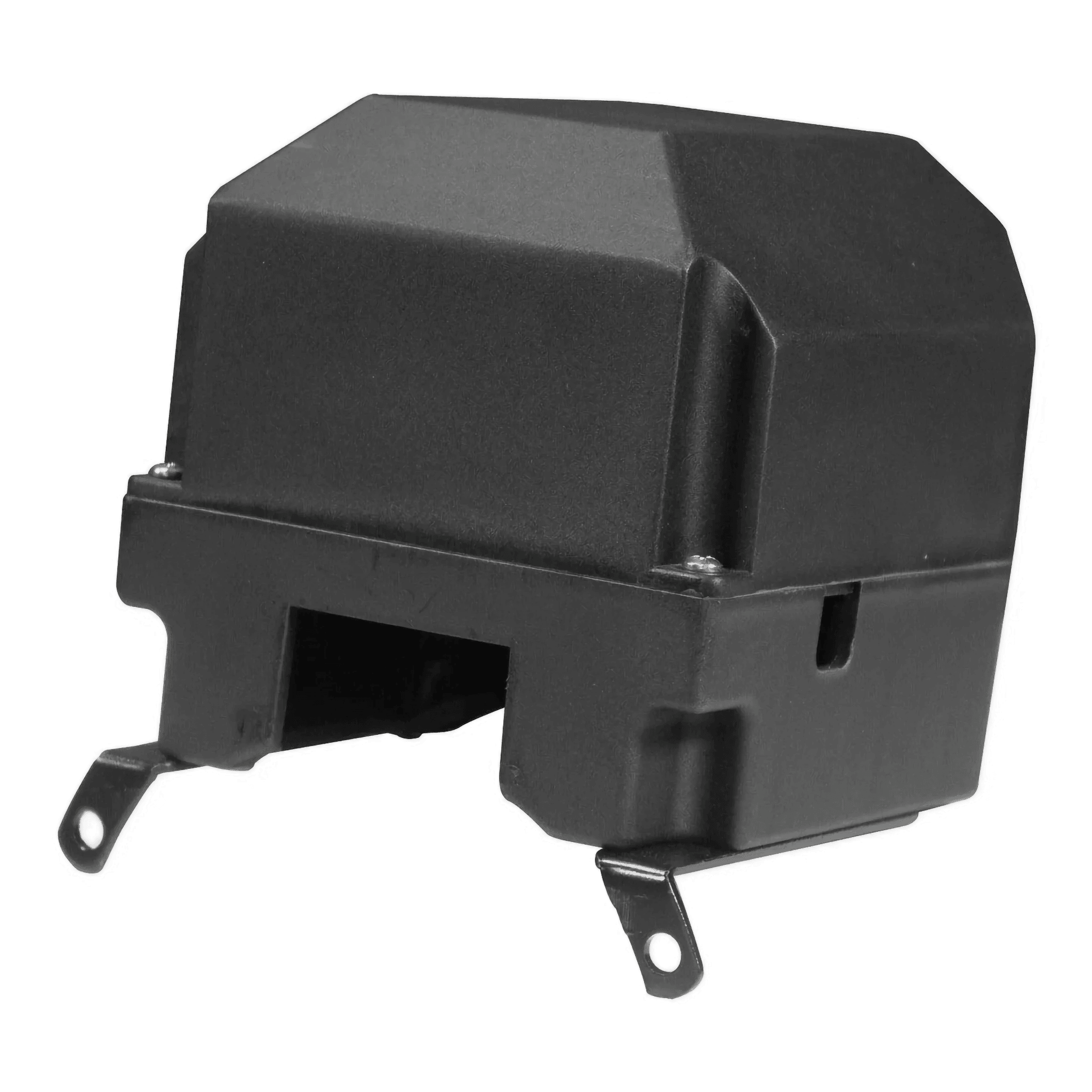 PIERCE Housing for Solenoid, designed for electric planetary winches, features a black plastic build with two mounting tabs. Shown on a plain white background; ideal as a replacement part.