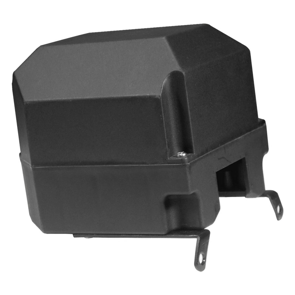 PIERCE Housing for Solenoid fits electric planetary winches; black plastic electrical component with two metal mounting tabs, ideal as a replacement part.