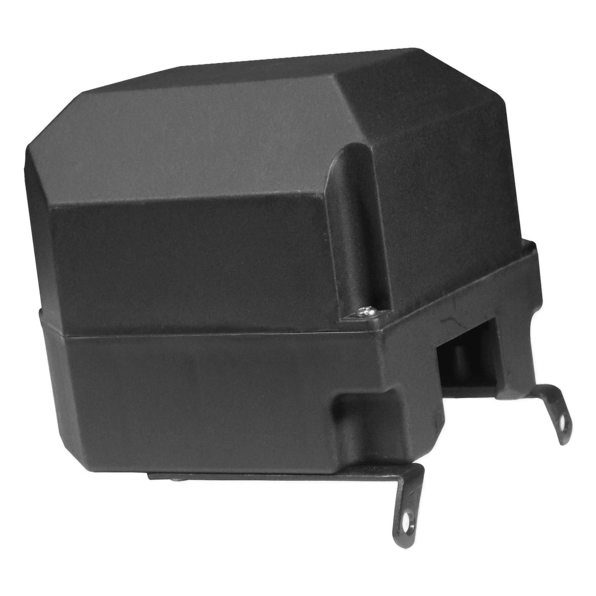 PIERCE Housing for Solenoid fits electric planetary winches; black plastic electrical component with two metal mounting tabs, ideal as a replacement part.