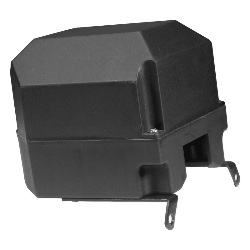 PIERCE Housing for Solenoid fits electric planetary winches; black plastic electrical component with two metal mounting tabs, ideal as a replacement part.