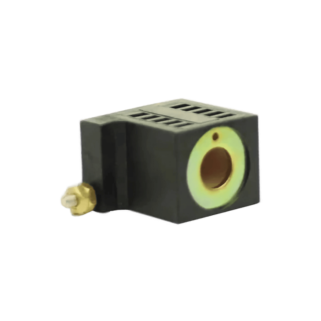 Hyd Pumps | Coil | Bucher | 12 Volt by Bucher Hydraulics, Inc.—a black rectangular electronic sensor with a metal ring and brass connector, ideal as a replacement coil for Bucher pumps. Isolated on white background.