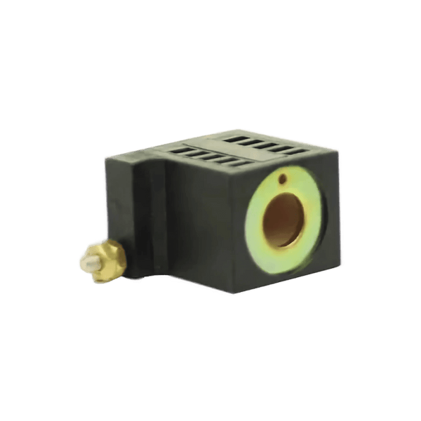 Hyd Pumps | Coil | Bucher | 12 Volt by Bucher Hydraulics, Inc.—a black rectangular electronic sensor with a metal ring and brass connector, ideal as a replacement coil for Bucher pumps. Isolated on white background.