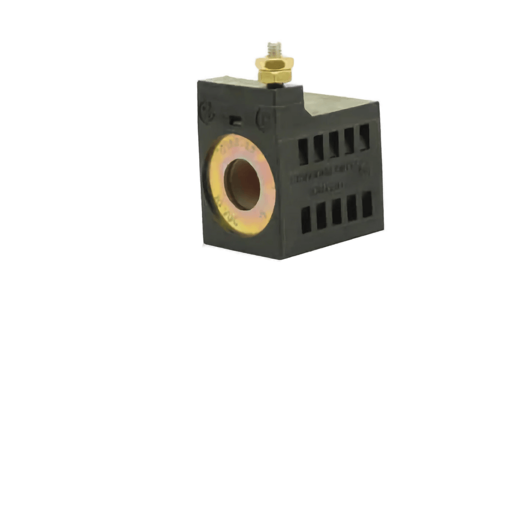 The Bucher Hydraulics, Inc. 12 Volt Hyd Pumps Coil is a black plastic electrical terminal block with a brass bolt and circular metal contact, ideal as a replacement coil for Bucher pumps, shown on a white background.