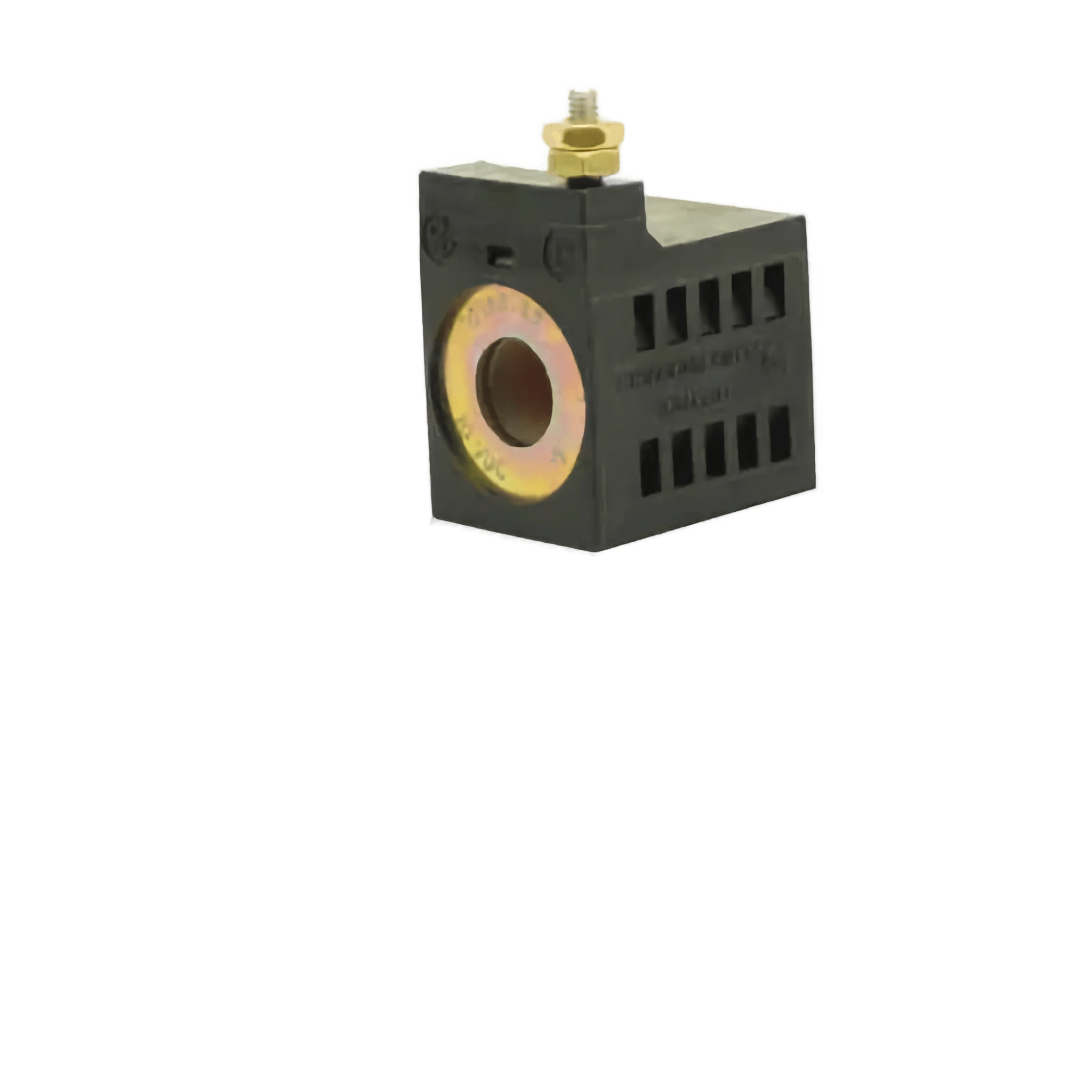 The Bucher Hydraulics, Inc. 12 Volt Hyd Pumps Coil is a black plastic electrical terminal block with a brass bolt and circular metal contact, ideal as a replacement coil for Bucher pumps, shown on a white background.