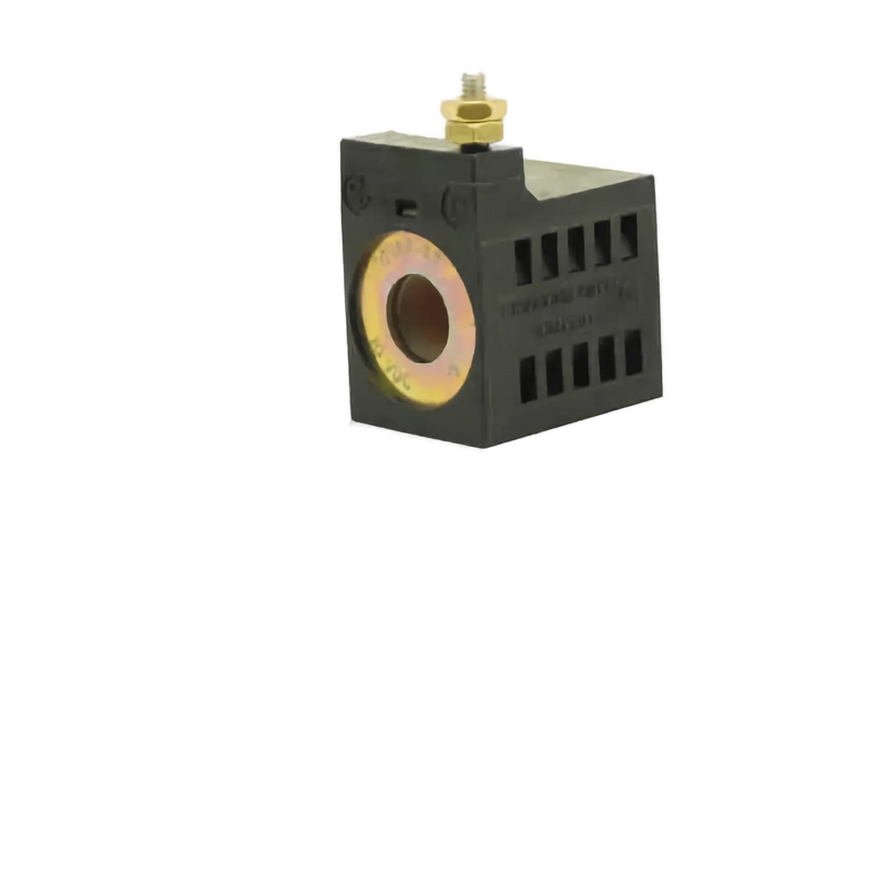 The Bucher Hydraulics, Inc. 12 Volt Hyd Pumps Coil is a black plastic electrical terminal block with a brass bolt and circular metal contact, ideal as a replacement coil for Bucher pumps, shown on a white background.