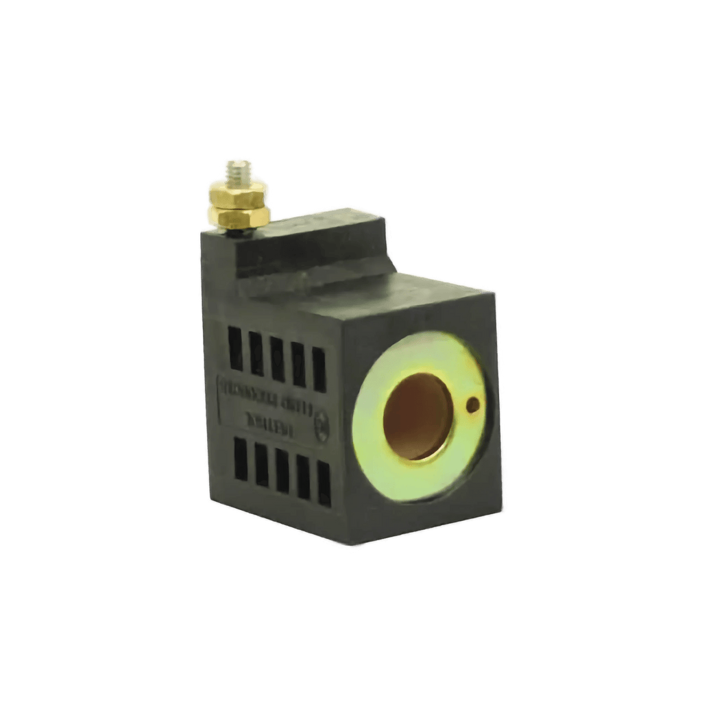 The Bucher Hydraulics, Inc. 12V coil for Hyd Pumps features a metallic center hole and brass terminal, perfect as a replacement for Bucher pumps; product shown on white background.