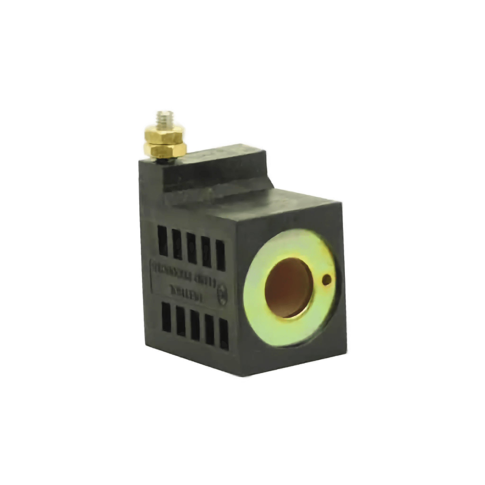 The Bucher Hydraulics, Inc. 12V coil for Hyd Pumps features a metallic center hole and brass terminal, perfect as a replacement for Bucher pumps; product shown on white background.