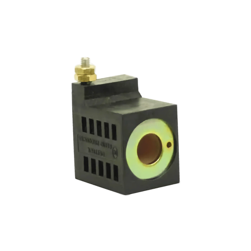 The Bucher Hydraulics, Inc. 12V coil for Hyd Pumps features a metallic center hole and brass terminal, perfect as a replacement for Bucher pumps; product shown on white background.