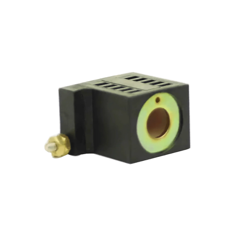 Hyd Pumps | Coil | Bucher | 12 Volt from Bucher Hydraulics, Inc.—a black rectangular replacement solenoid valve coil with brass connector, compatible with Bucher pumps.