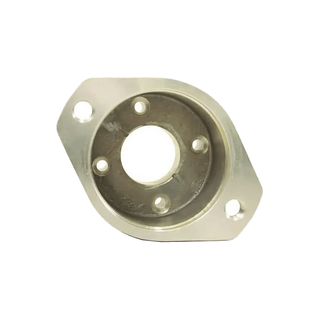 The PIERCE Hydraulic Motor Adapter, made of cast aluminum for hydraulic worm gear winches, features a central hole and four smaller holes. Shown on a light gray background.